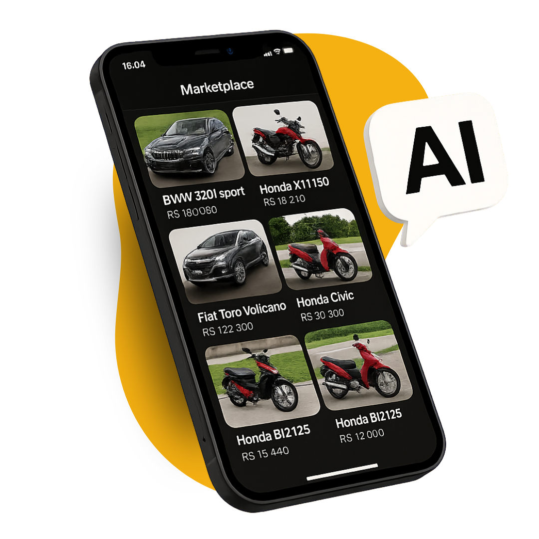 Smartphone mostrando marketplace de veículos com IA
